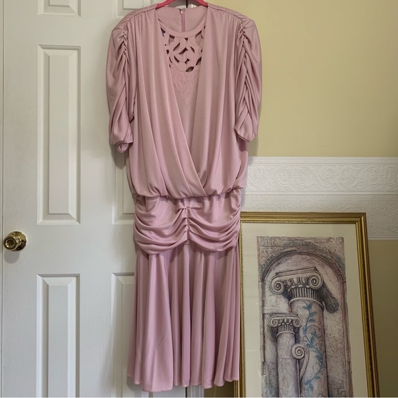 Vintage 60’s Ruched Sleeve Lilac/Pink Blouson Filigree Dress Woman’s Size Large. - Picture 4 of 15
